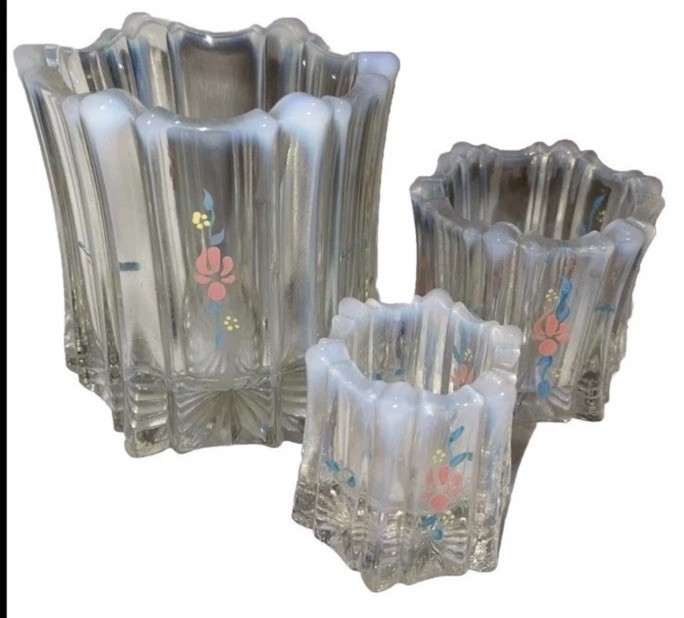 Rare Fenton Opalescent Glass HP Vulcan Set of 3 Votive Candle Holders Vases Rare Fenton Opalescent Glass HP Vulcan Set of 3 Votive Candle Holders Vases