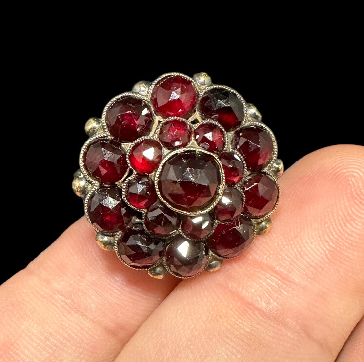 Antique Bohemian Garnet Ring Czech Victorian Sterling Size 4 Three Row HighDome