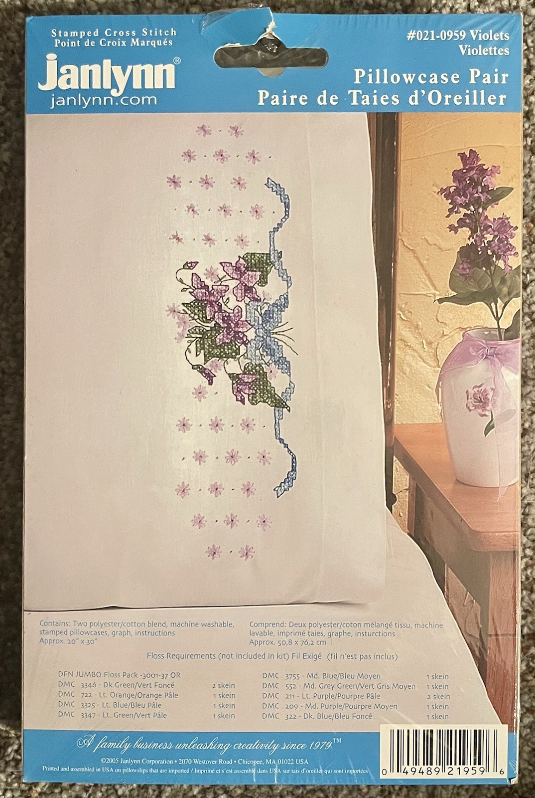 Vintage Janlynn Pillowcases - Violets - Stamped Embroidery - New Vintage Janlynn Pillowcases - Violets - Stamped Embroidery - New