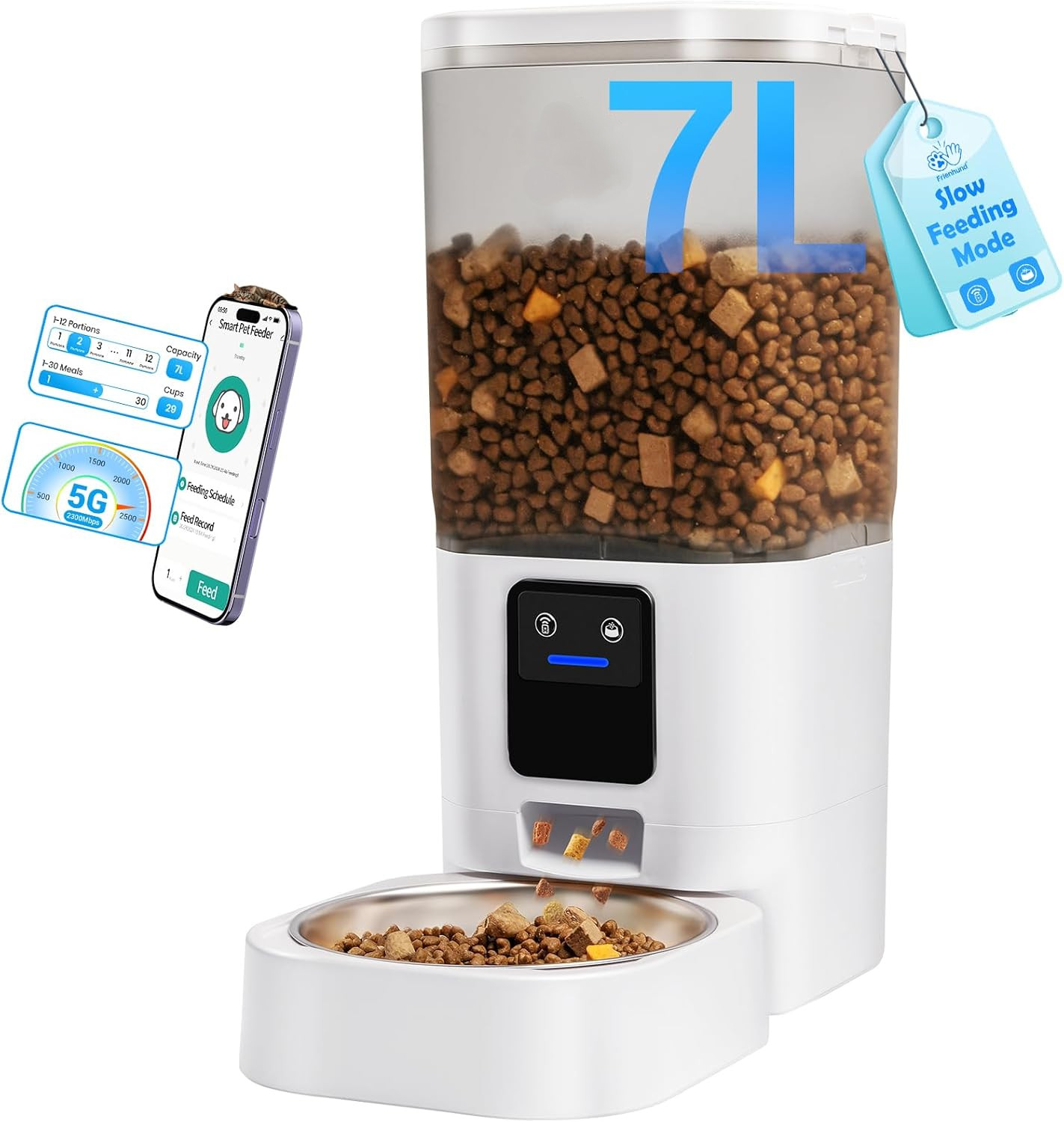 Automatic Cat Feeder for 2 Cats with Slow Feed and Stainless Steel Bowls 7L