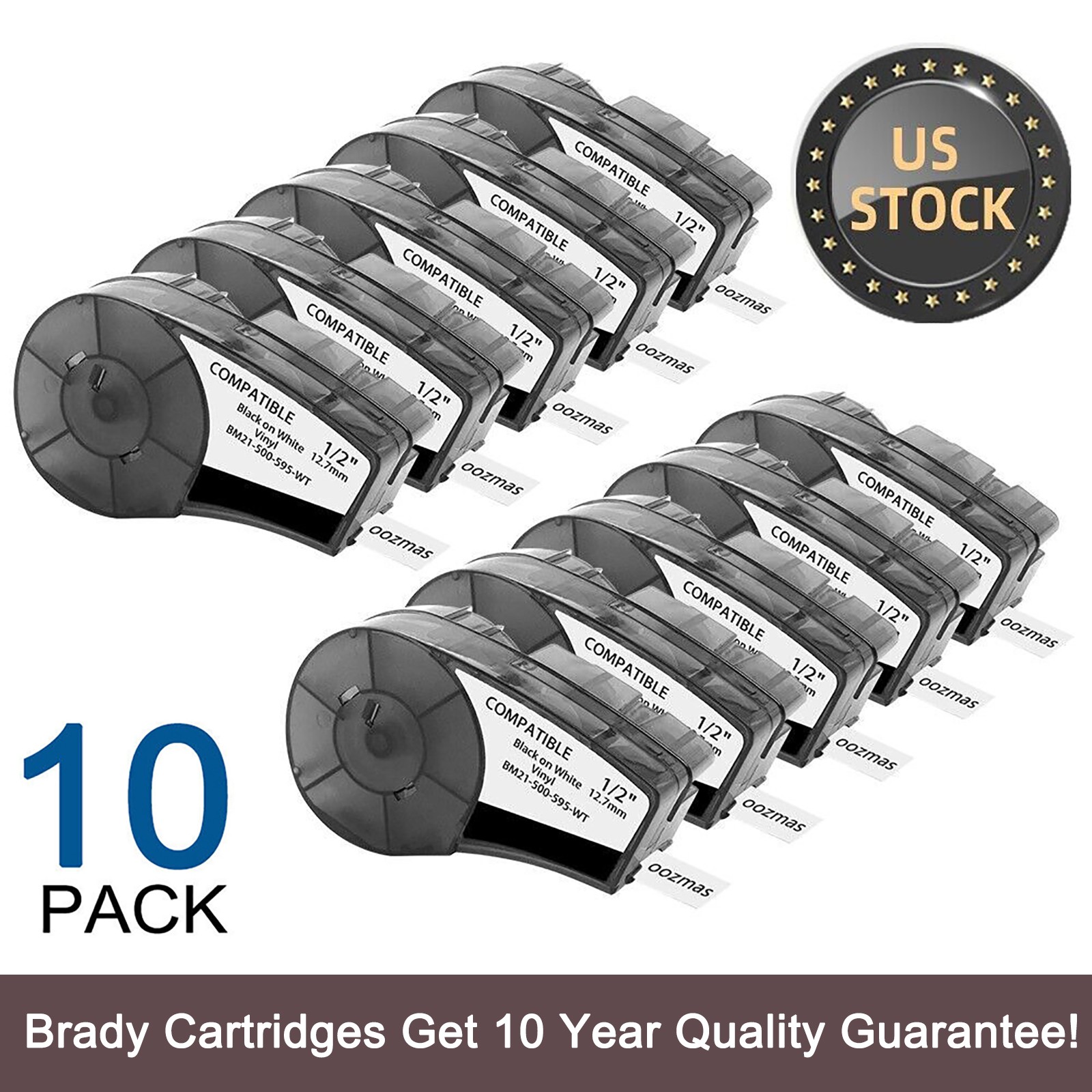 10PK For Brady BMP21-PLUS M21-500-595-WT Label Cartridge Black/White 1/2