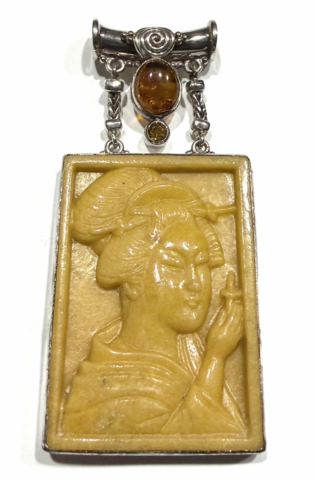 Sajen Sterling Silver Carved Yellow Jasper Geisha Pendant Gorgeous