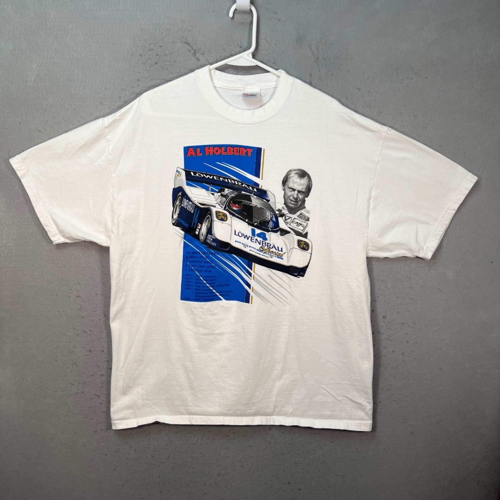 Vintage Al Holbert Porsche 962 Lowenbrau IMSA Racing T-Shirt White Size XL