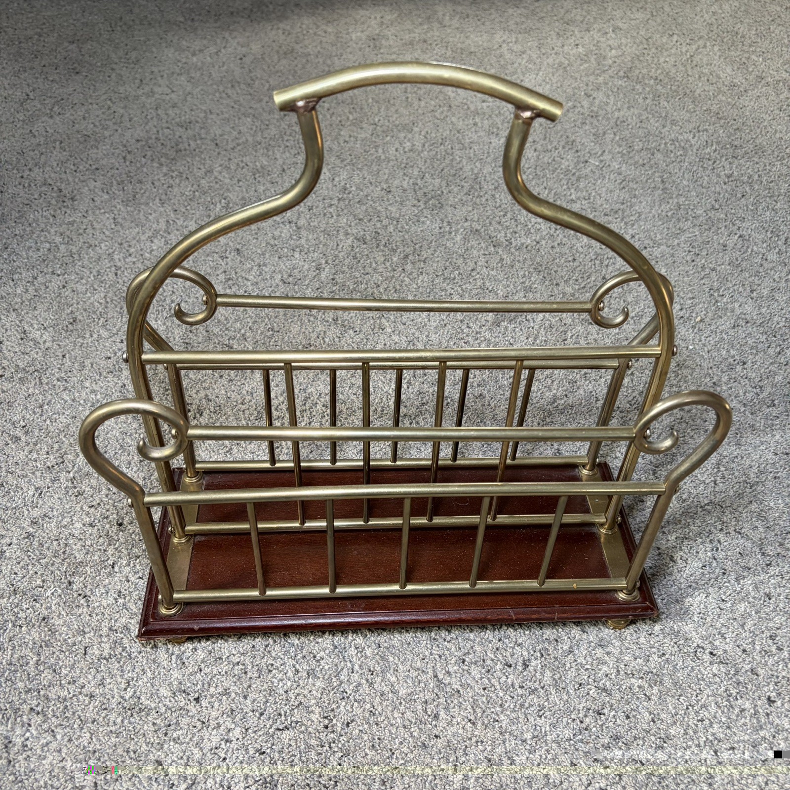 Vintage MCM Art Deco Style Wood And Brass Magazine Rack With Brass Feet Vintage MCM Art Deco Style Wood And Brass Magazine Rack With Brass Feet