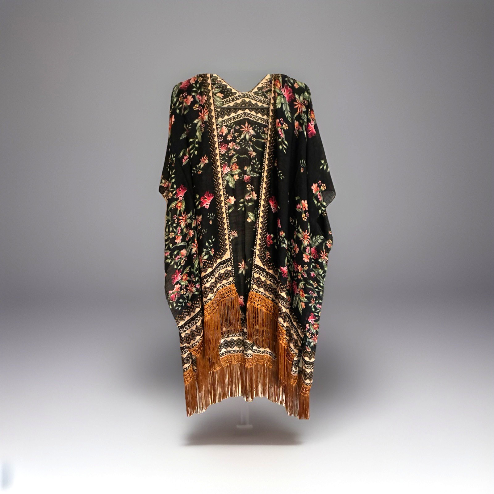 Black Floral Boho Hippie Vintage Kimono Fringe Tassel Cardigan Duster Reg PLUS Black Floral Boho Hippie Vintage Kimono Fringe Tassel Cardigan Duster Reg PLUS