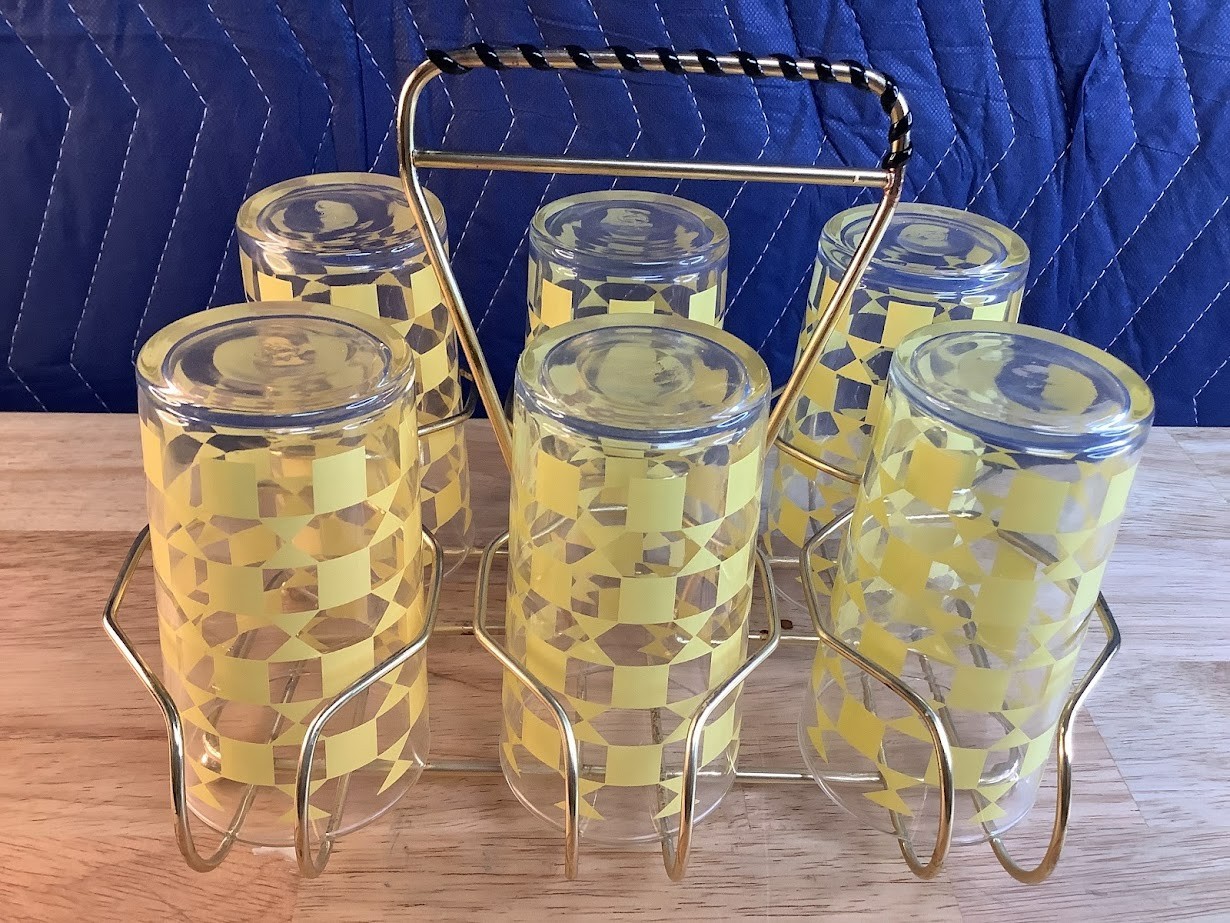 *Vintage*Yellow Glasses with Rack*Anchor Hocking*21005B S94  Mid Century Modern