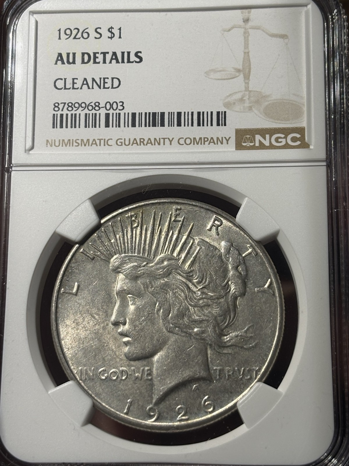 1926-S $1 NGC AU Details, Cleaned Peace Silver Dollar 1926-S $1 NGC AU Details, Cleaned Peace Silver Dollar
