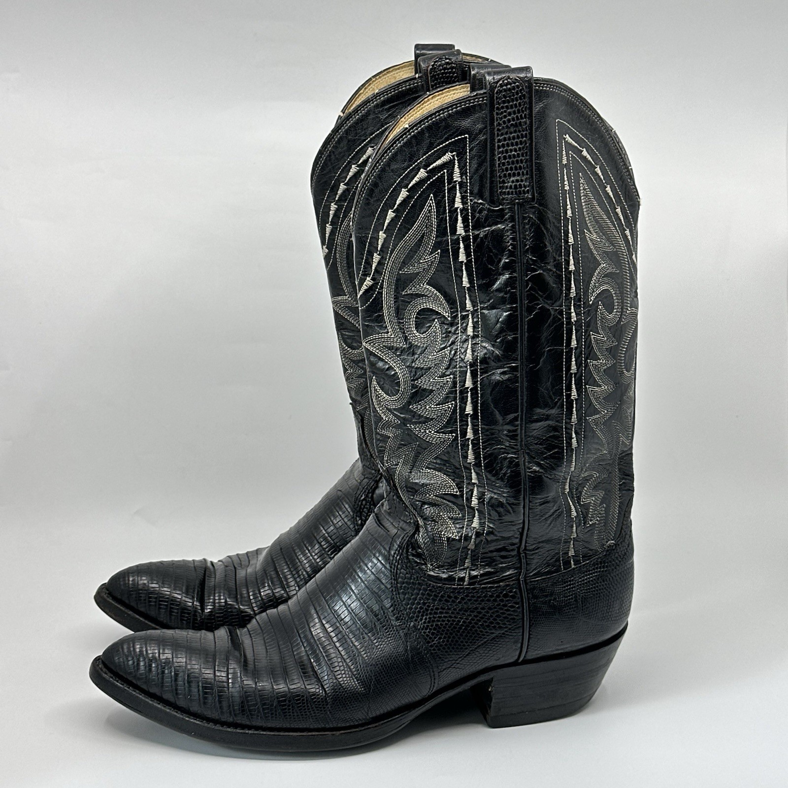 VTG Dan Post 6830 Lizard Skin Cowboy Boots Mens Size 10.5 Black Western Stitched