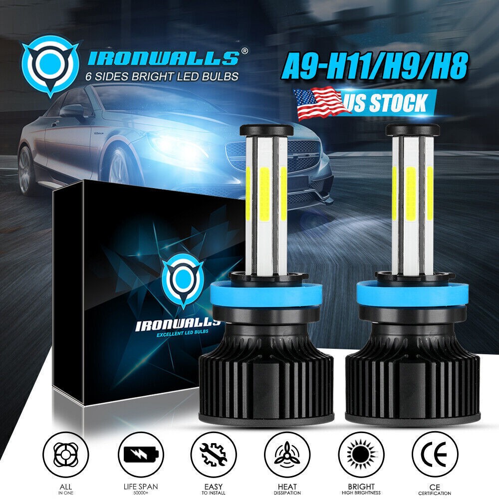 6-Sides H11 H9 H8 LED Low Beam Headlight Bulbs Conversion Kit 6000K Super Bright