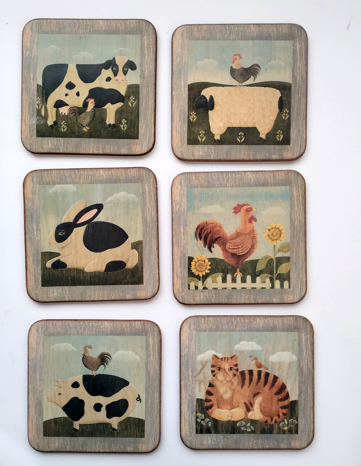 6 Vtg Pimpernel Folk Art Primitive Farm Animal Cork Backed Coasters Farm House