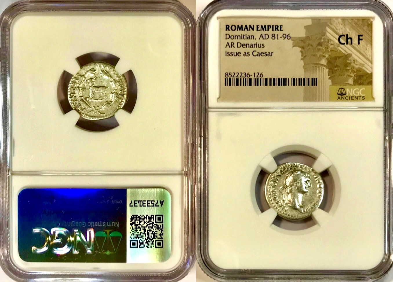 81-96 AD Domitian Ancient Roman Silver Denarius w/Goat Reverse NGC Choice F Fine