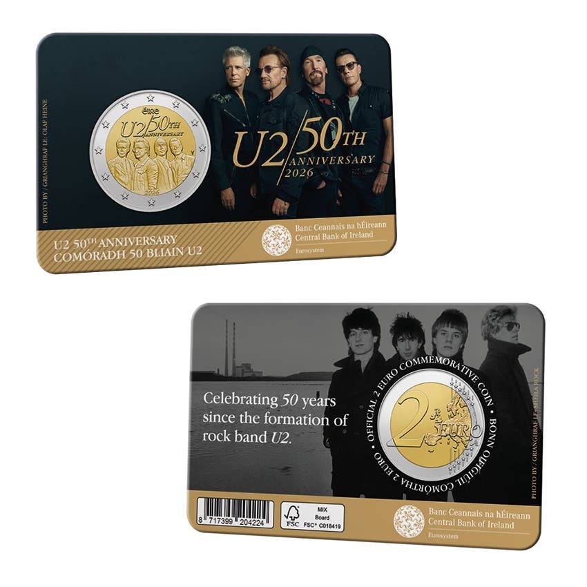 PREORDER Ireland 2 Euro Coin U2 50th Anniversary 2026 Irish BU Quality Coincard