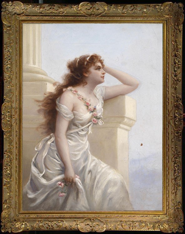 Hand Painted Oil Painting Classical Beauty Lady Portrait White Dress Flower Art Hand Painted Oil Painting Classical Beauty Lady Portrait White Dress Flower Art