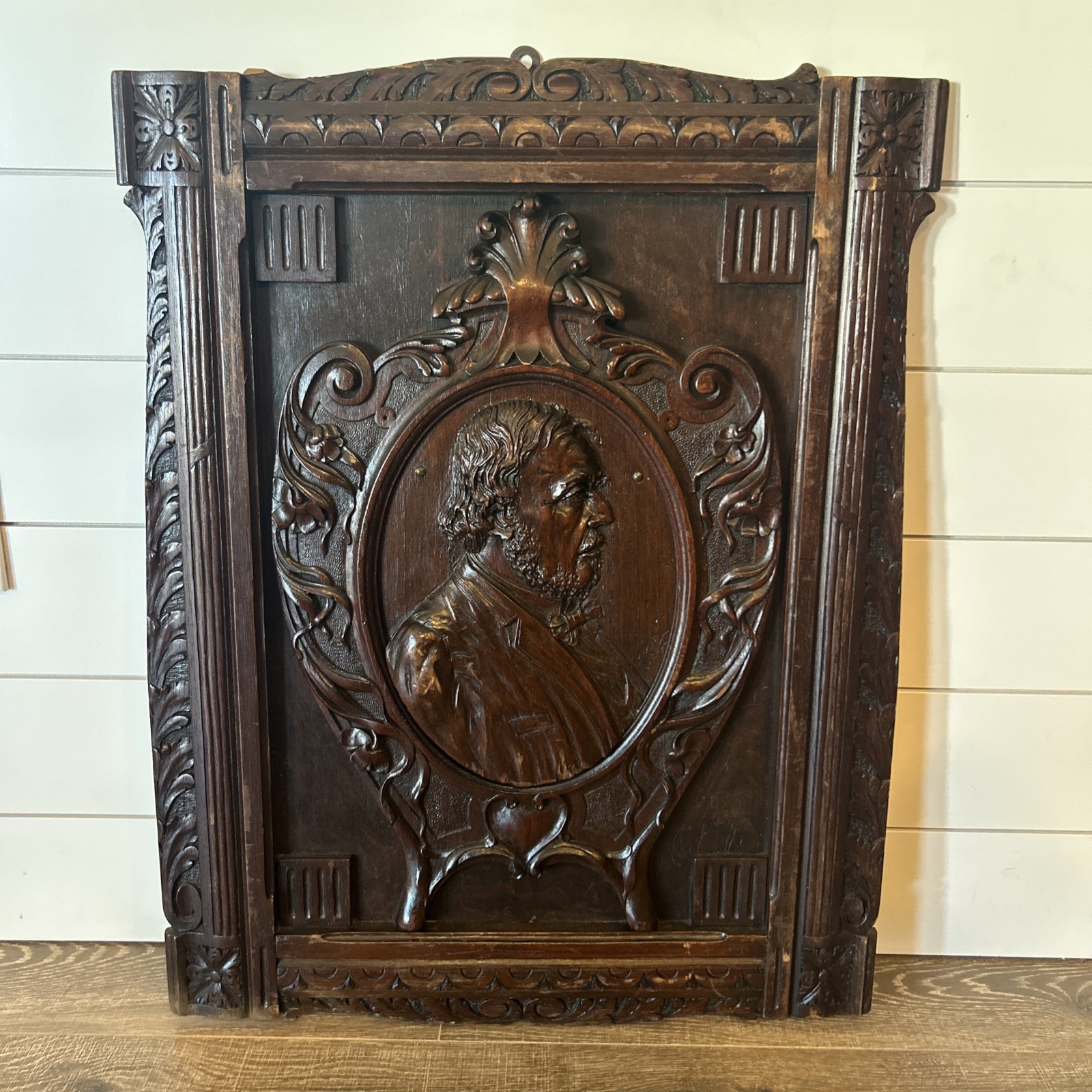 Antique French Leon Gambetta Carved Wood Portrait Plaque 19th Century Signed