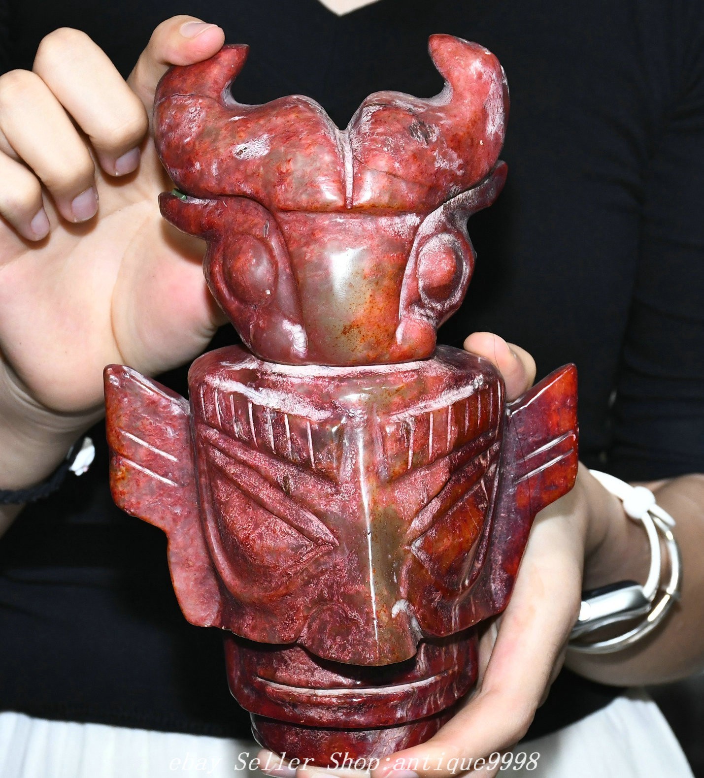 9.4\'\' China Hongshan Culture Old Jade Carved Beast Sanxingdui People Head Statue