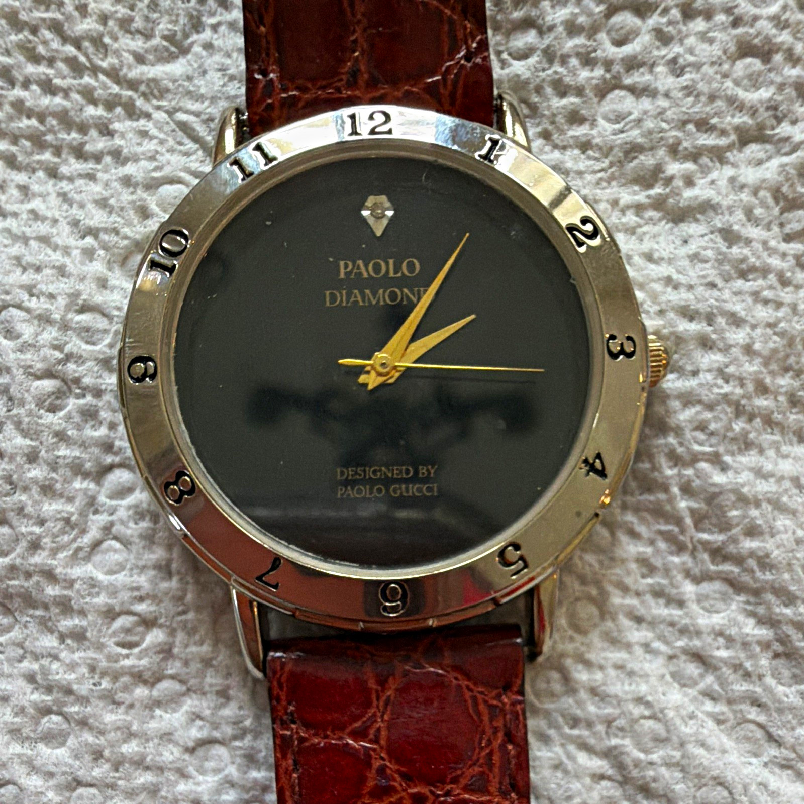 Paolo Gucci Diamond Quartz Dress Watch Black Dial Gold Case Brown Leather