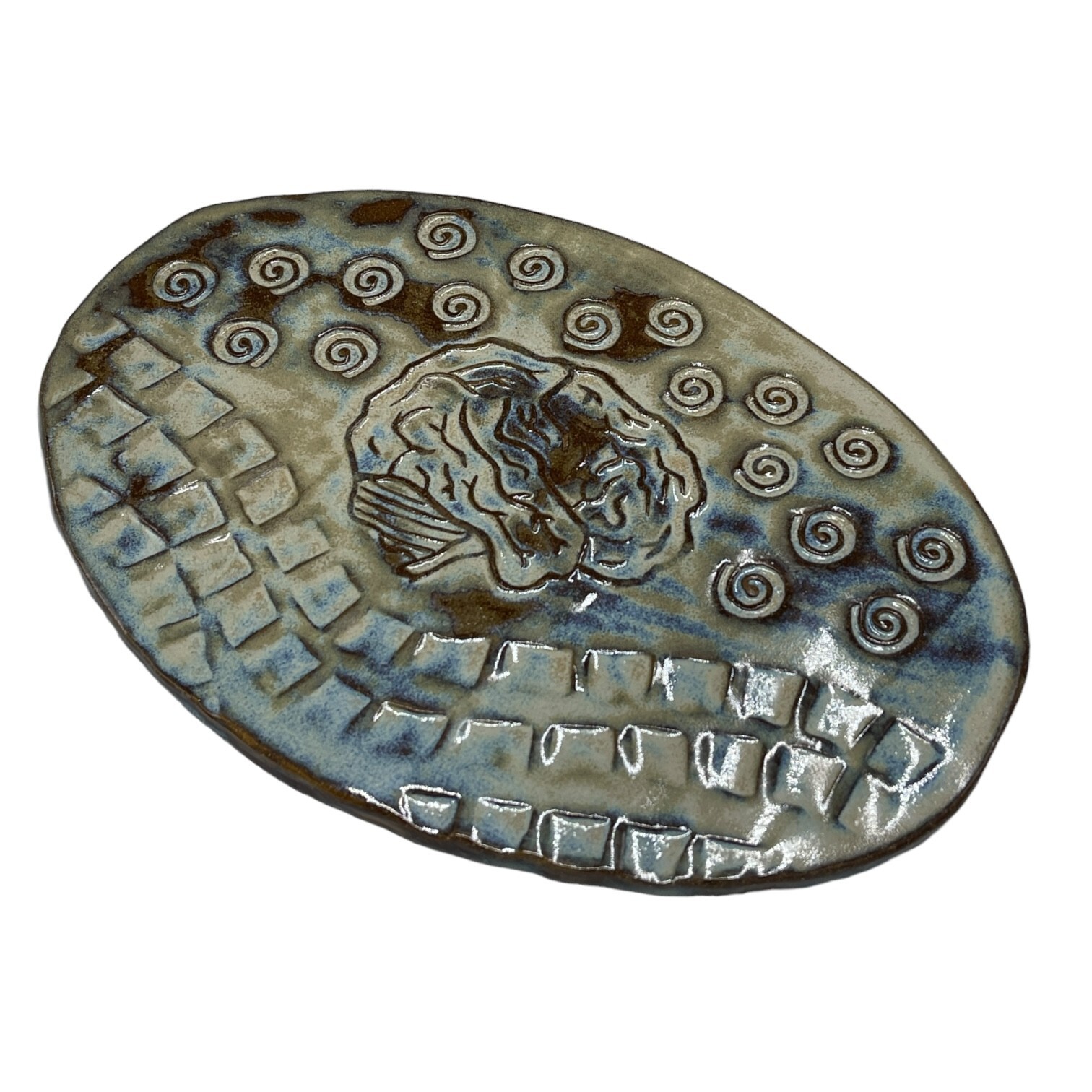 Pottery Footed Tray Platter Brain Abstract Pattern Signed KM Glazed 10.5\