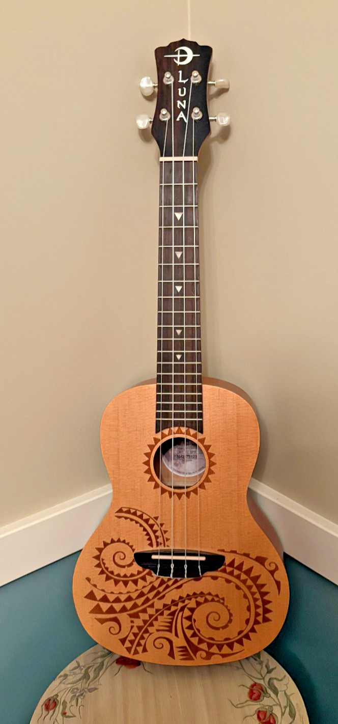 Luna Uke Tattoo Spruce Four String Concert Mahogany Ukelele w/ Gigbag Case - New