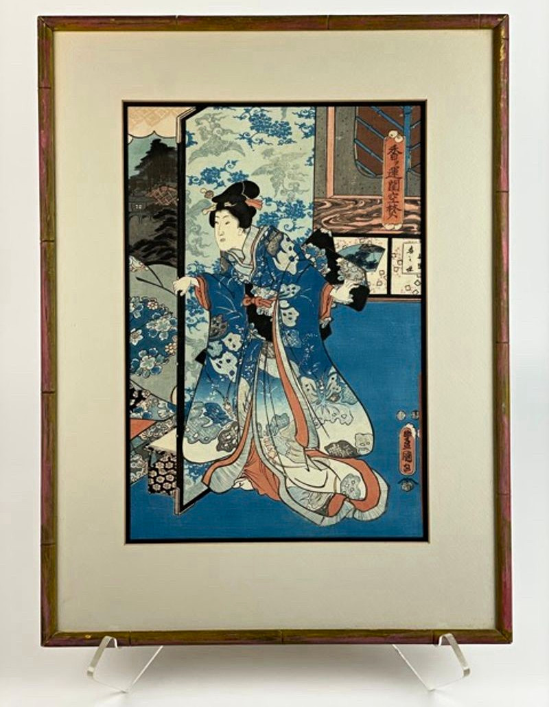 Japanese Woodblock After Utagawa Kunisada Toyokuni III Bijin Beauty Blue Kimono 