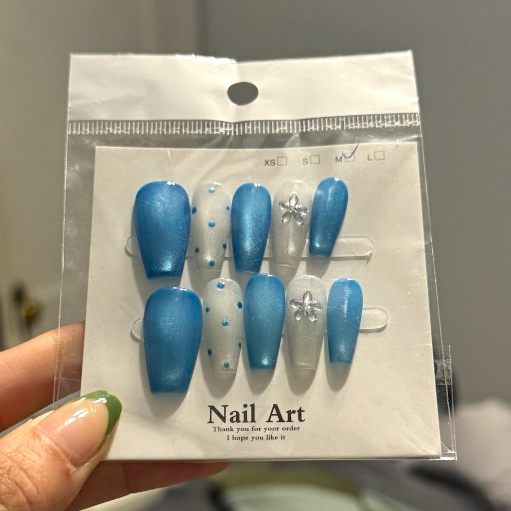Press-On Nails Set Blue White Clear Coffin Flowers Shiny Pre-Designed Medium Press-On Nails Set Blue White Clear Coffin Flowers Shiny Pre-Designed Medium