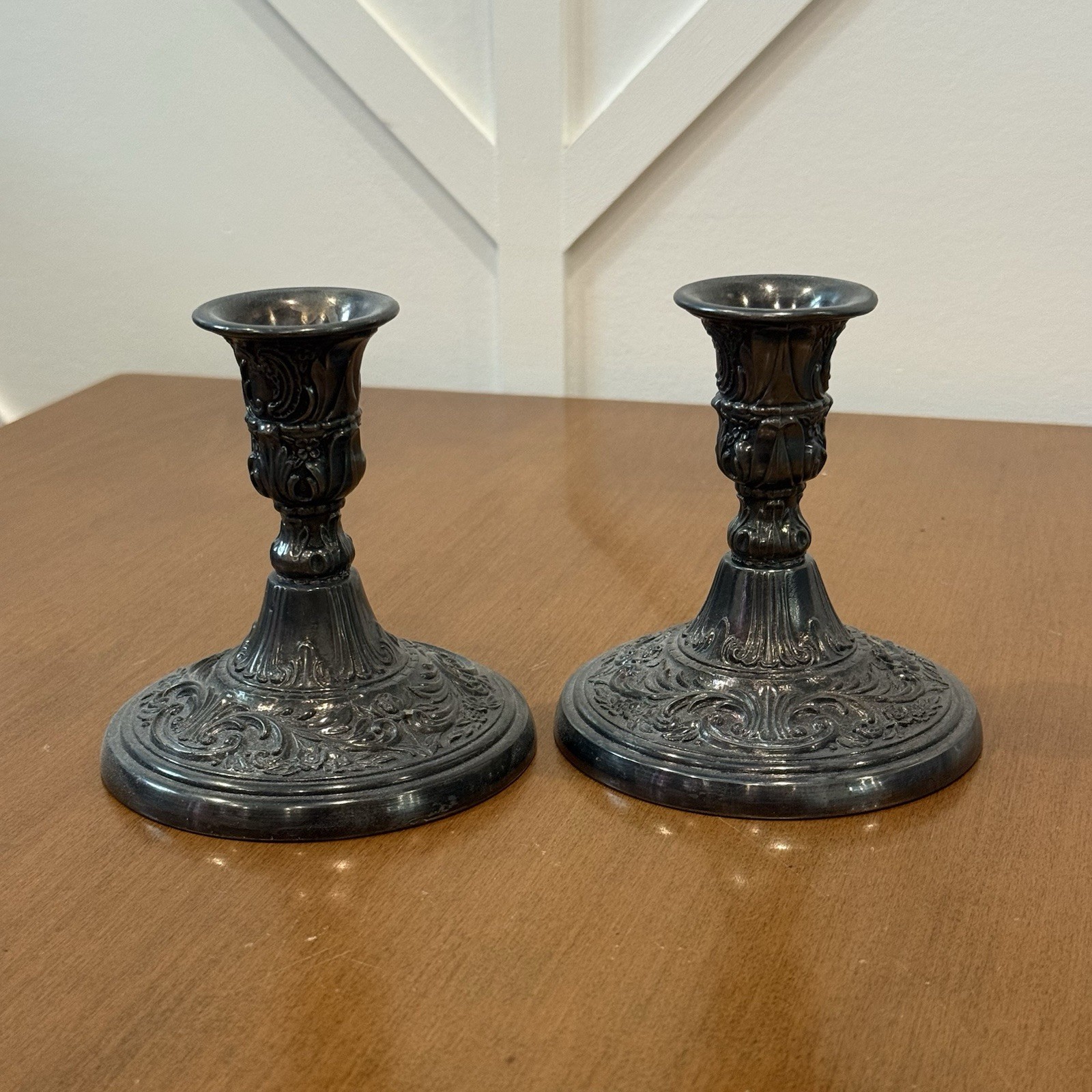 Antique WM. Rogers Silverplated Taper Candlestick Pair Art Nouveau Rose Flower Antique WM. Rogers Silverplated Taper Candlestick Pair Art Nouveau Rose Flower