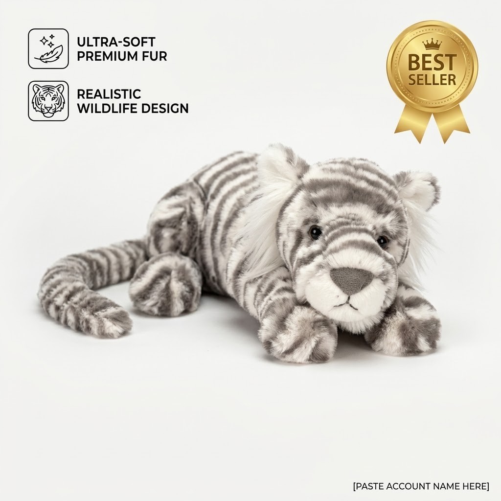 Jellycat Sacha Snow Tiger Large Plush Toy 18 inch Grey and Cream Design