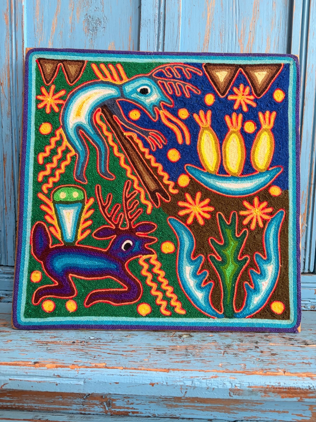 VINTAGE 12 X 12 INCH HUICHOL INDIAN MEXICO YARN PAINTING ART DEER FEAST VINTAGE 12 X 12 INCH HUICHOL INDIAN MEXICO YARN PAINTING ART DEER FEAST