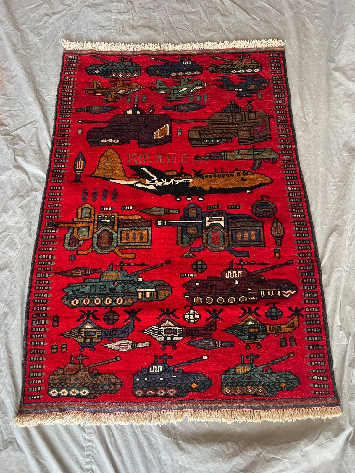 Historic Military Treasure Red Afghan War Rug 3\'3x4\'9 Vintage Pictorial Wall Art