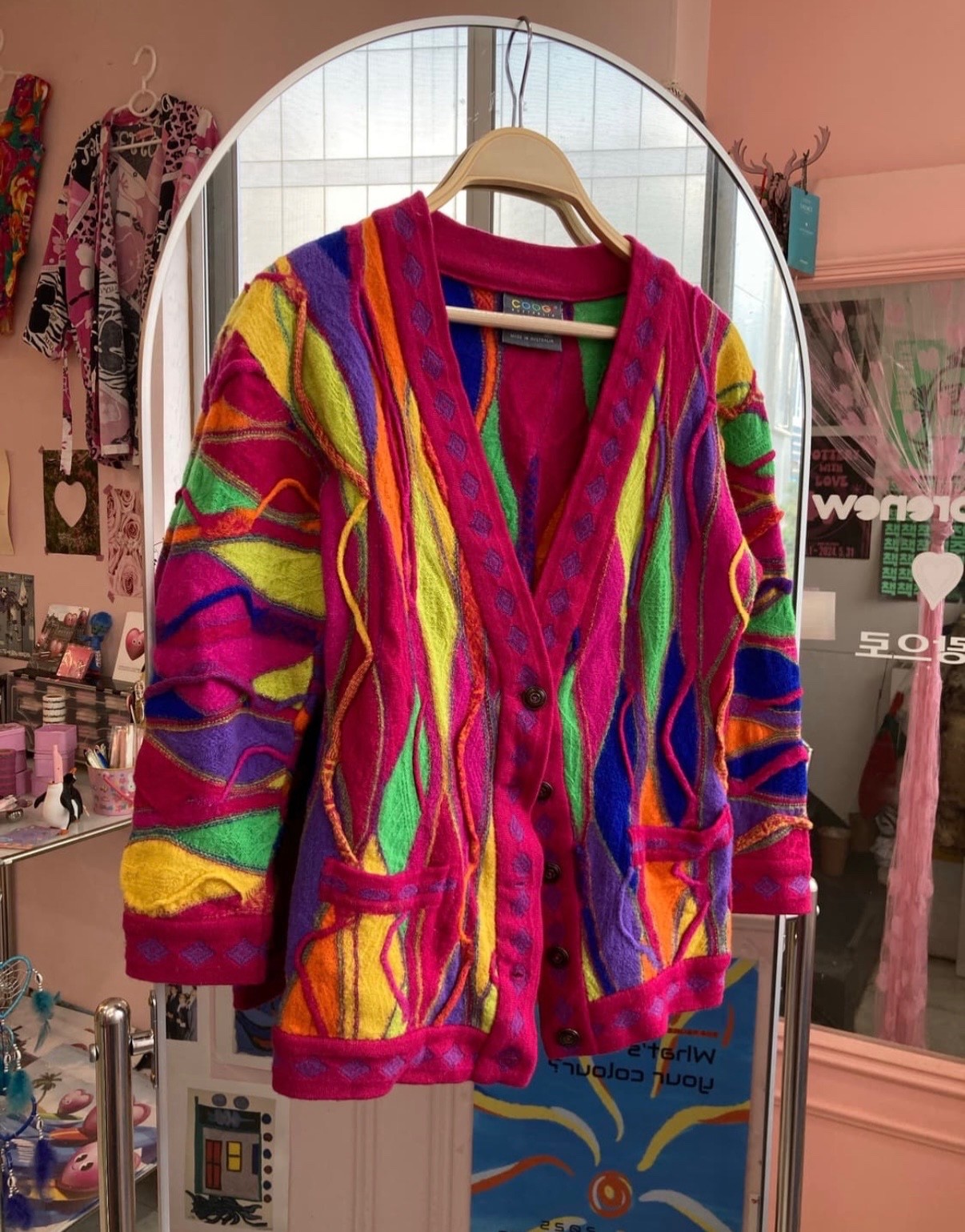 COOGI Australia Vintage 3D Knit Cardigan Womens S M Pink Rainbow 90s