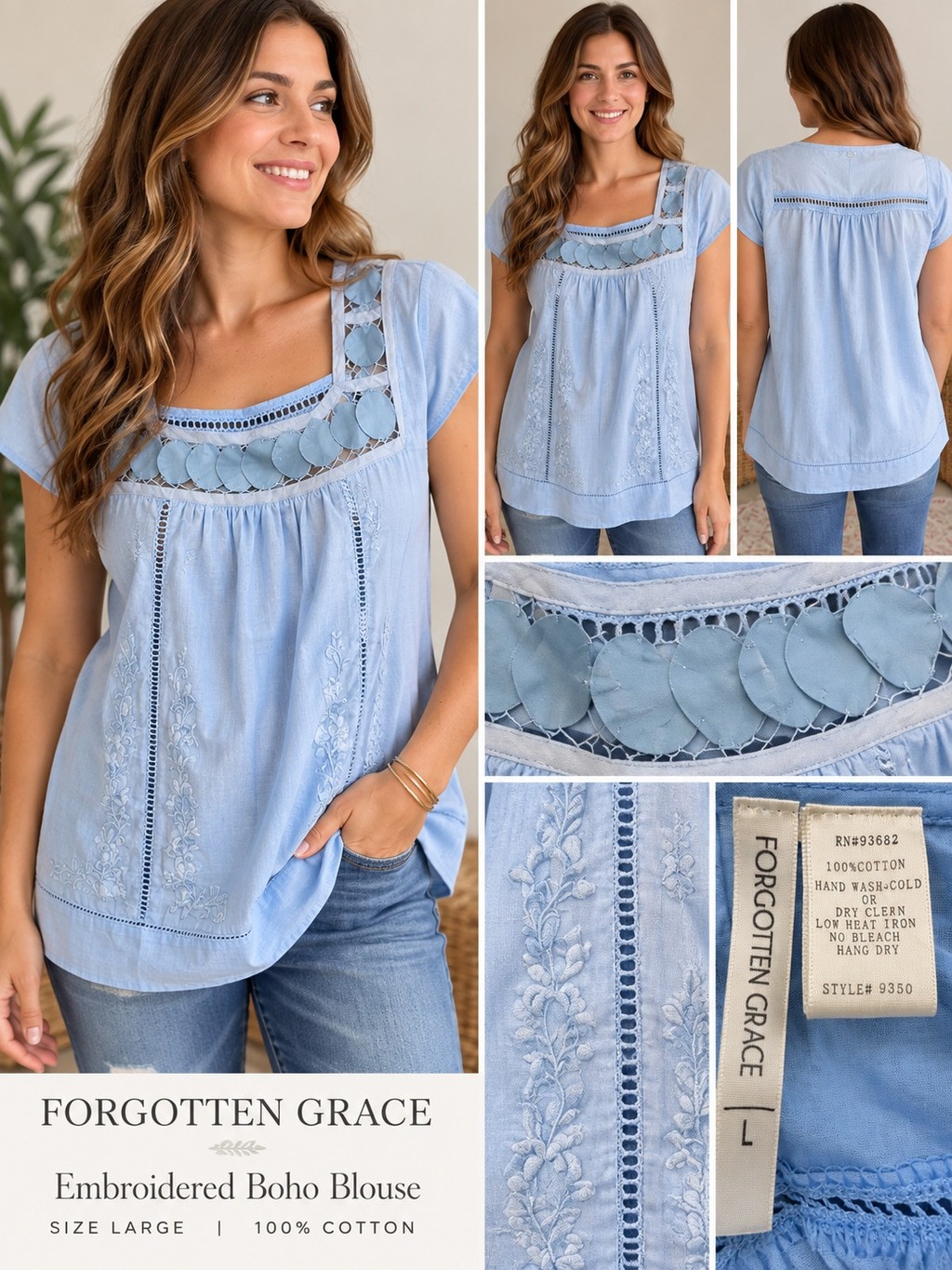 Women\'s Forgotten Grace Blue Embroidered Boho Blouse Size L Women\'s Forgotten Grace Blue Embroidered Boho Blouse Size L