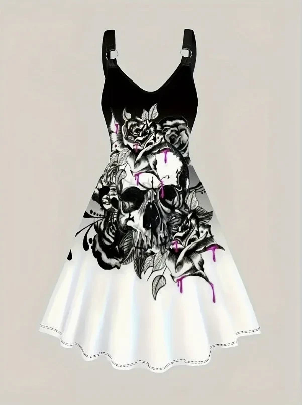 Women\'s Skull Rose Graphic Print Sleeveless Spaghetti Strap A-Line Mini Dress Women\'s Skull Rose Graphic Print Sleeveless Spaghetti Strap A-Line Mini Dress