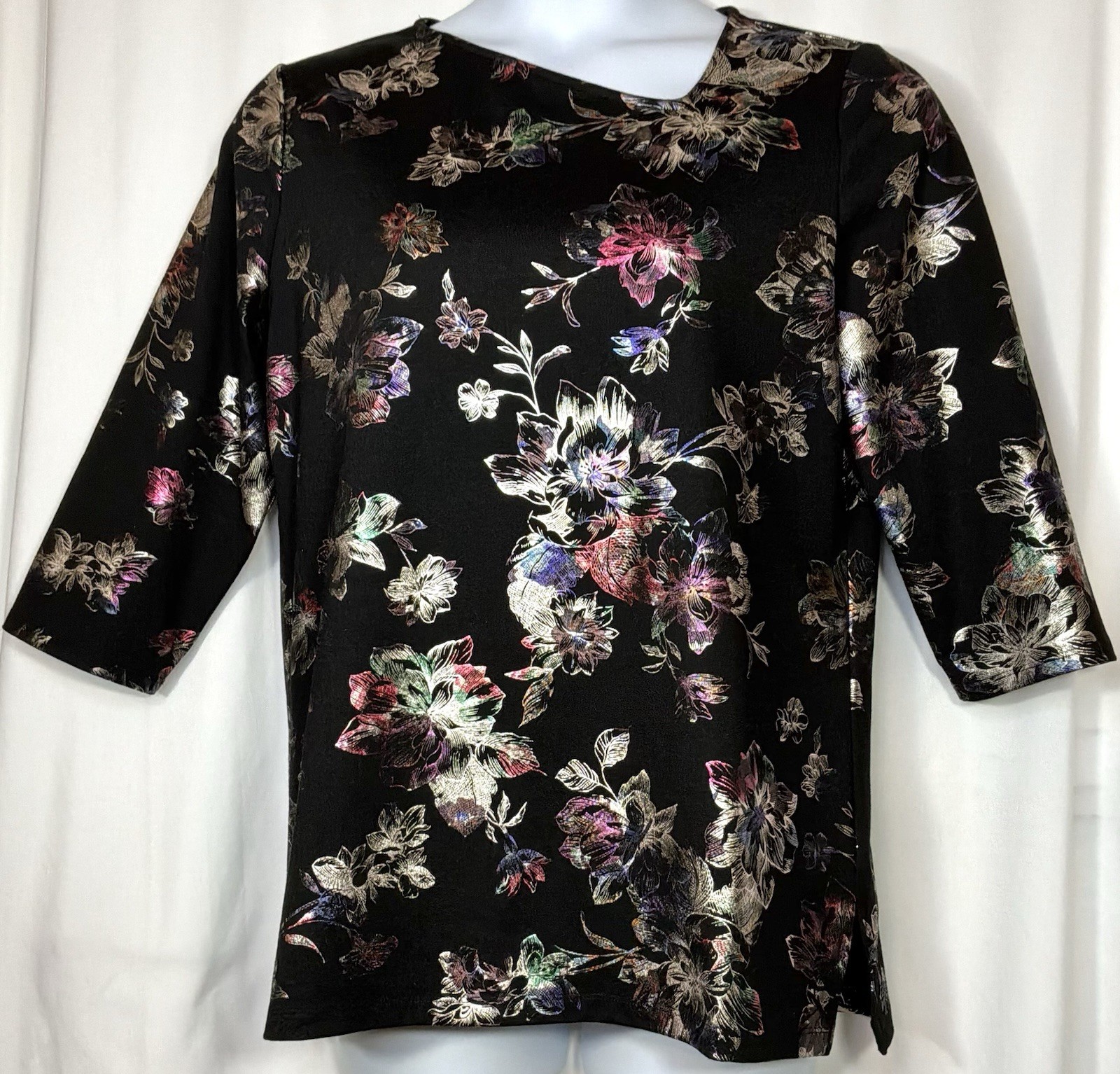 Chico\'s 3/4 Slv Black/multi Metallic Top Sz 2 Asymmetrical Neckline EUC
