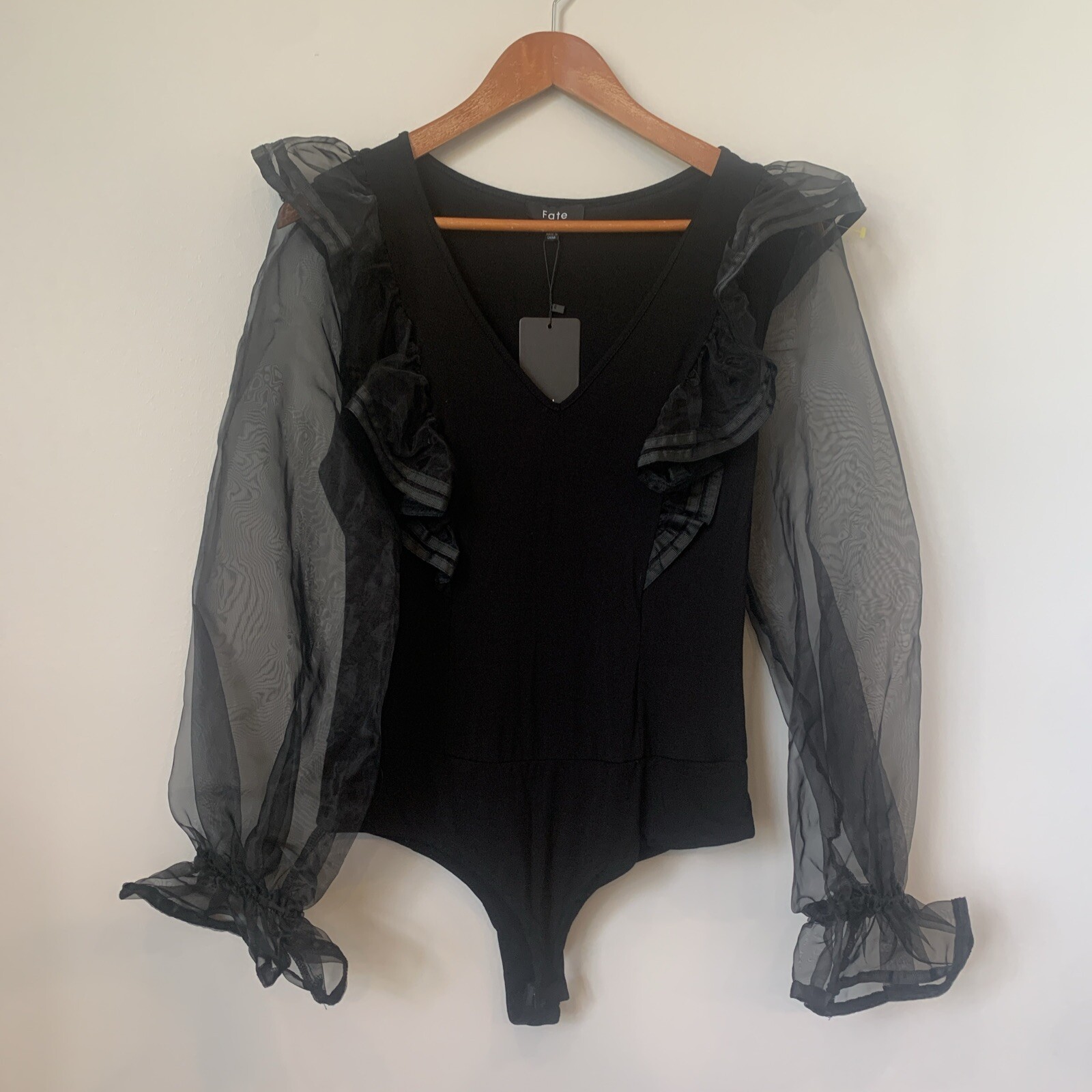 Fate Womens Organza Sleeve Body Suit Large Black Witchy Whimsigoth Fairy Grunge