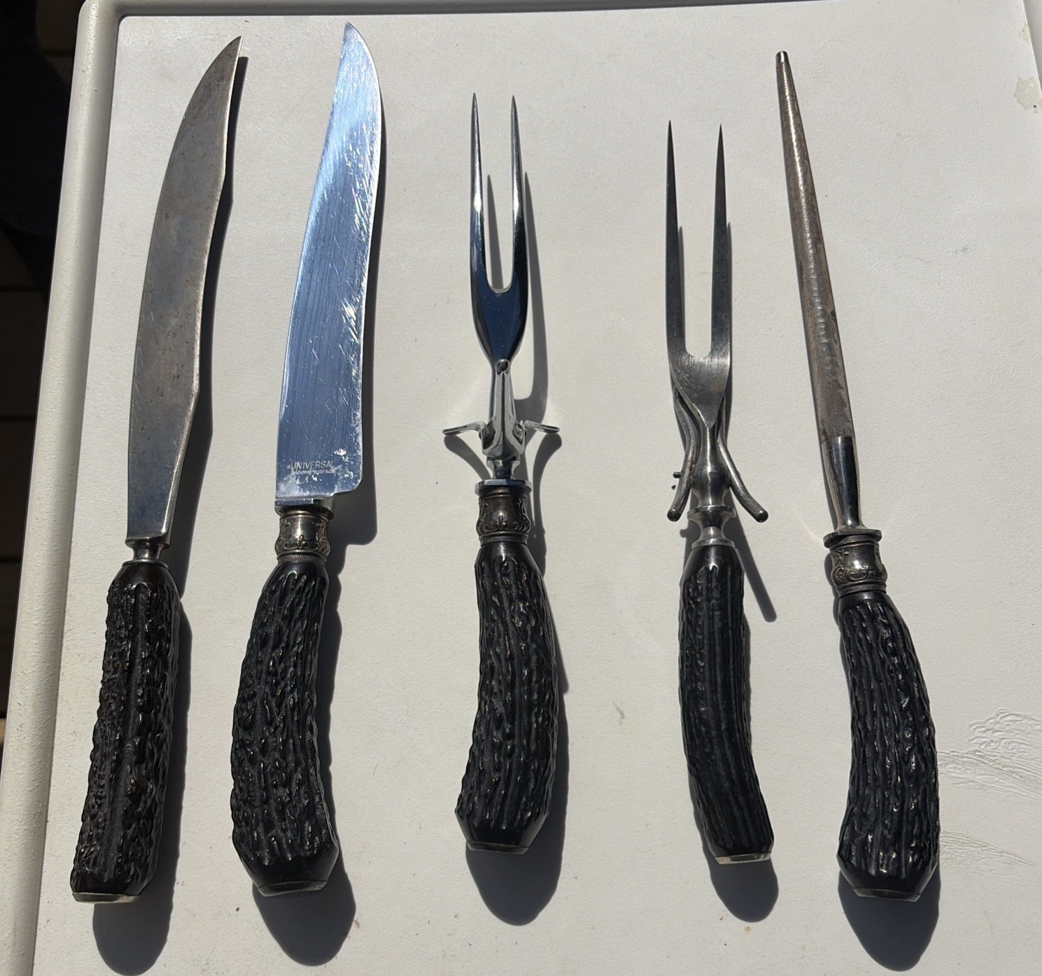 Vintage Universal 5 Pc Carving Set Sterling Silver Bands Stag Antler Horn Knife Vintage Universal 5 Pc Carving Set Sterling Silver Bands Stag Antler Horn Knife