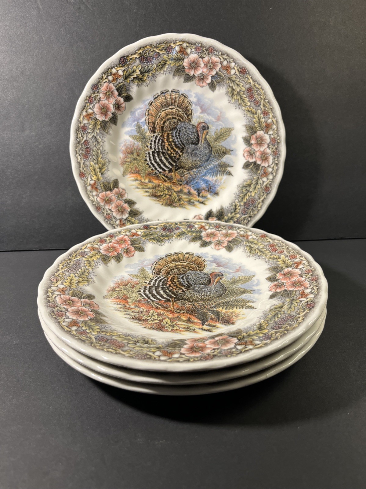 Myott Churchill Thanksgiving Salad Plates 8”Bird Flowers Set of 4 VTG 70s NOS Myott Churchill Thanksgiving Salad Plates 8”Bird Flowers Set of 4 VTG 70s NOS