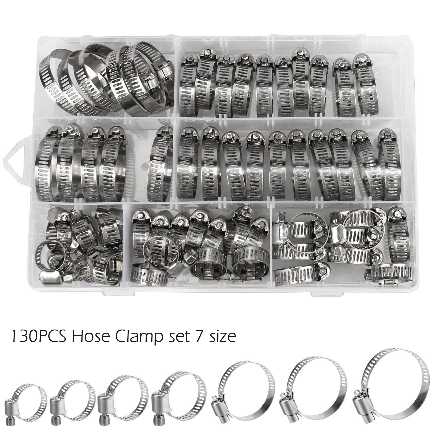 130pcs Adjustable Hose Clamps Worm Gear Stainless Steel Clamp Assortment 7 Sizes 130pcs Adjustable Hose Clamps Worm Gear Stainless Steel Clamp Assortment 7 Sizes