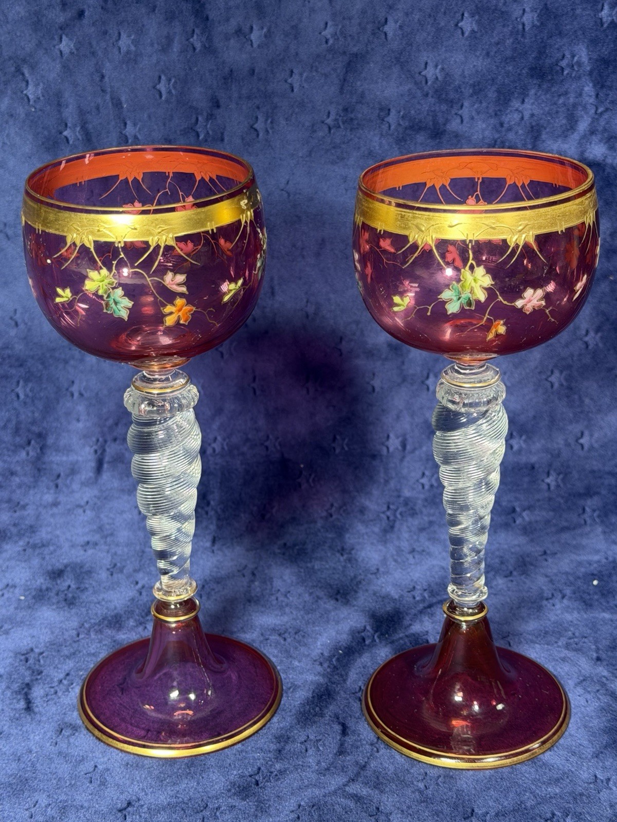 Antique Bohemian Moser-Style Cranberry Glass Wine Hocks - Pair, 7.25”
