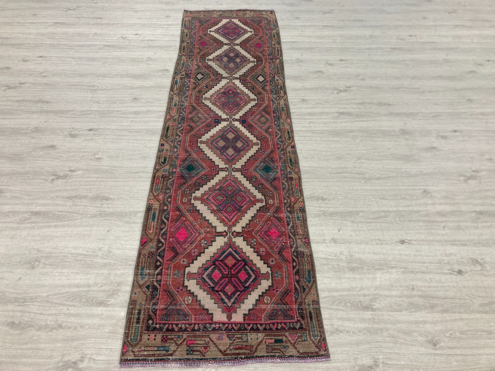Vintage Hallway Runner Rug 2.6 x 9.5 ft Pink Tribal Geometric Corridor Carpet