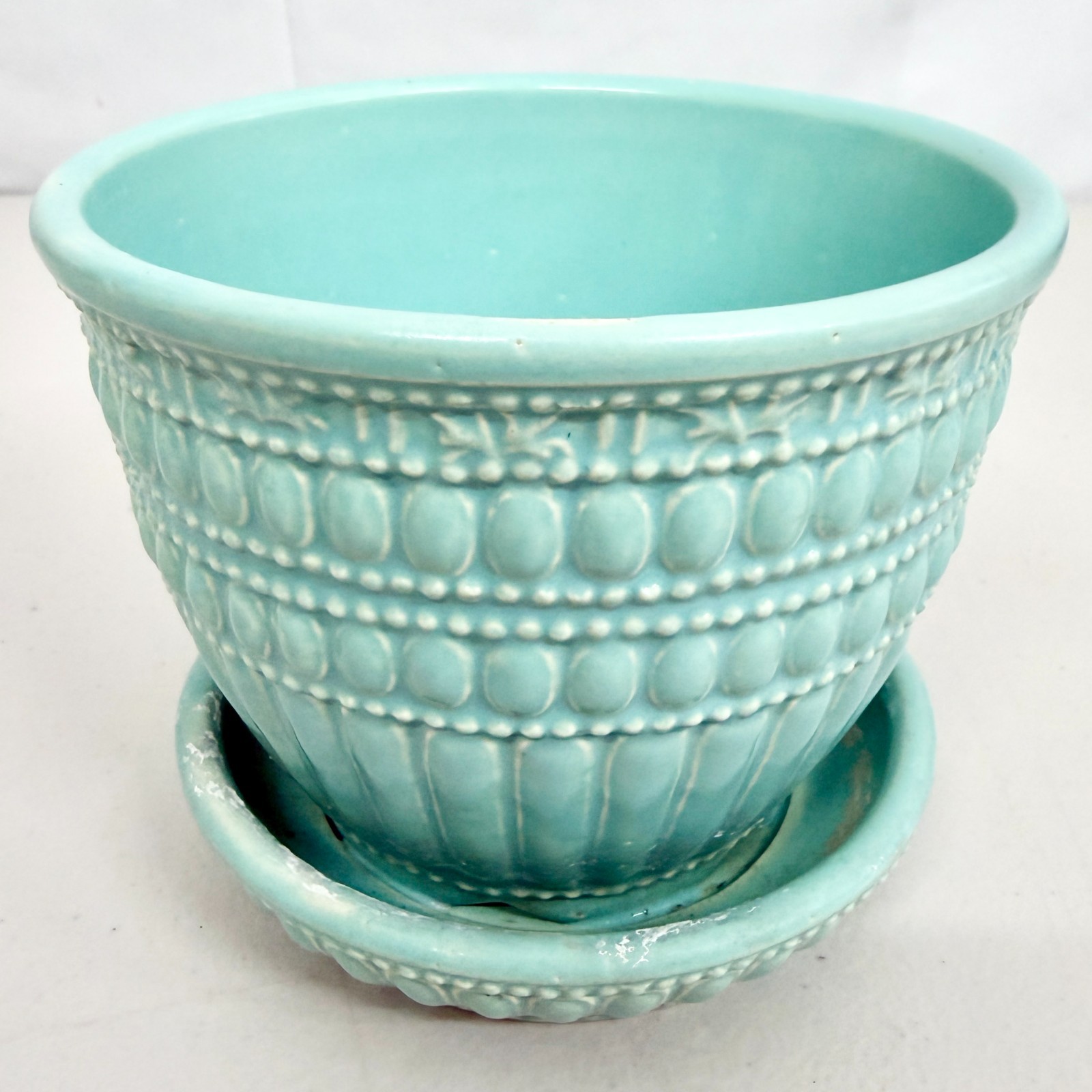 Vintage 1960 McCoy USA #117 Turquoise Beaded Planter Attached Saucer 4.5in