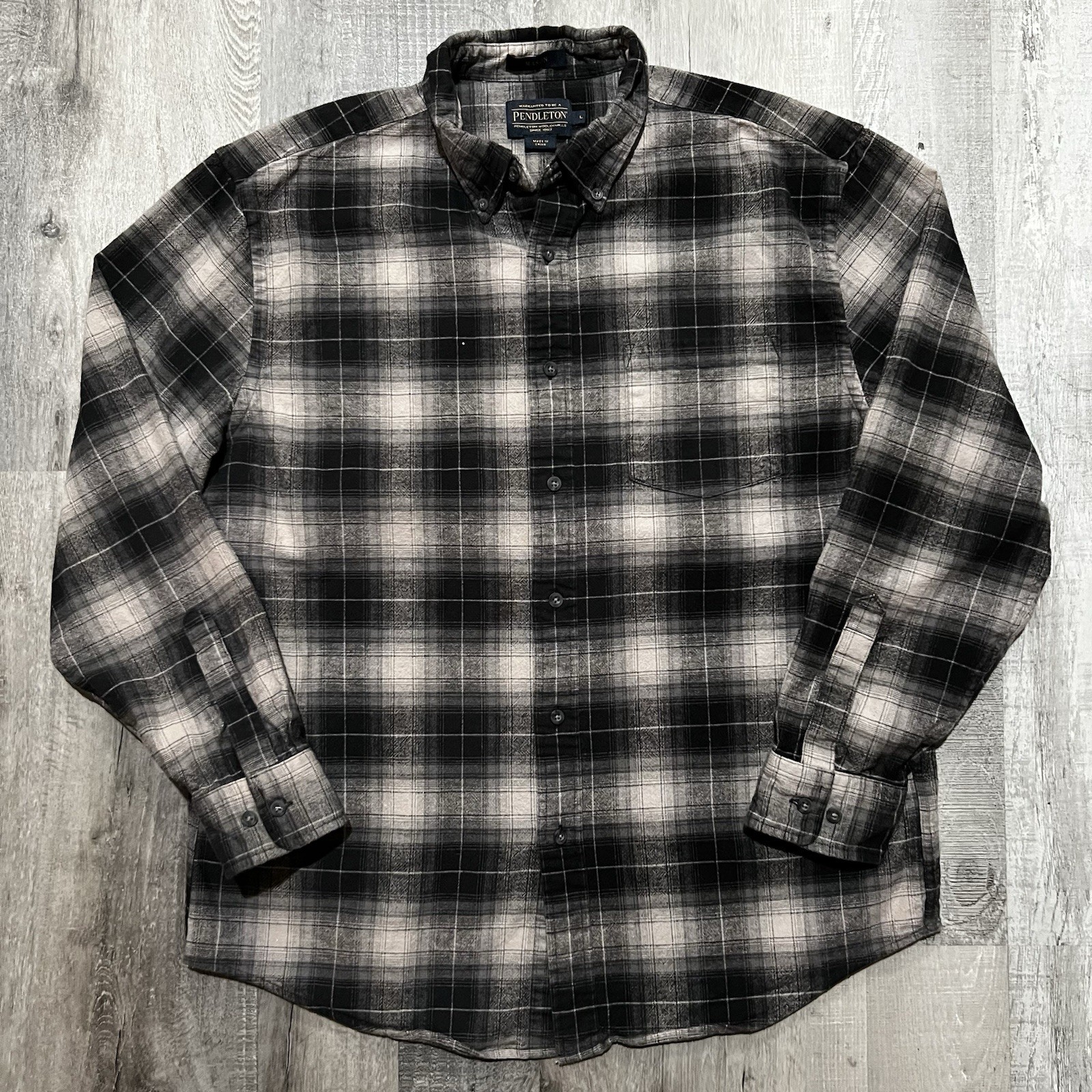 Pendleton Mason Black/White Shadow Plaid Flannel Button Shirt Cotton Sz Large