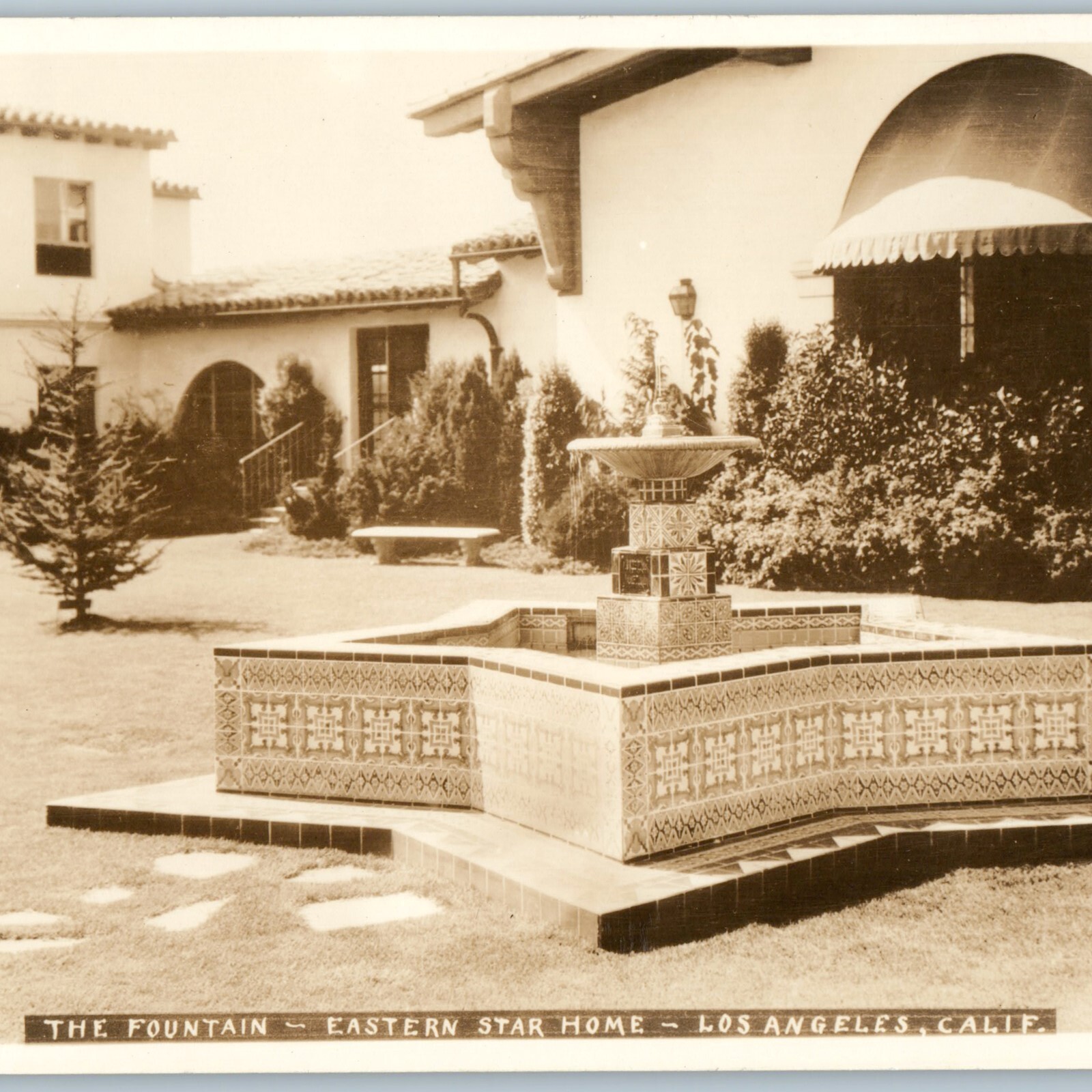 c1930s Los Angeles, CA Eastern Star Home Courtyard Tile Mosaic Fountain RPPC PC