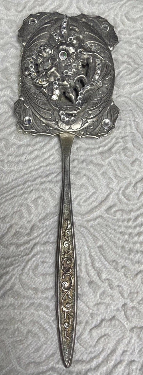 Vintage 1847 Rogers Bros Outer Faux-Pearl Bead Border Silver-Plated Hand Mirror
