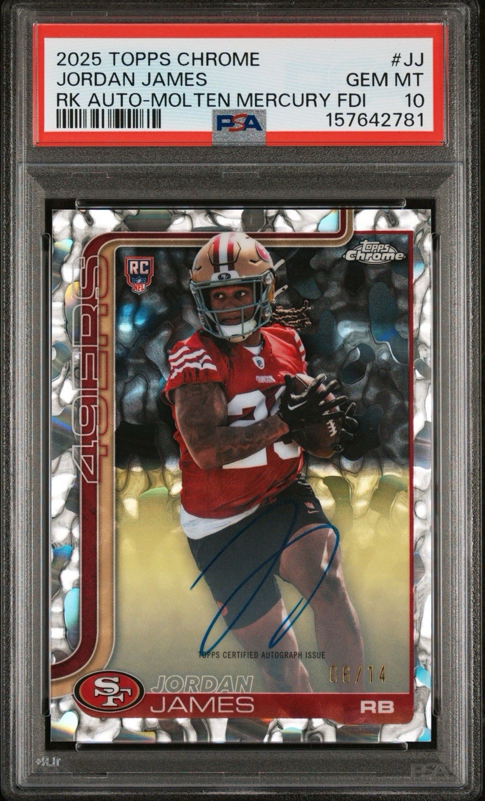 2025 Topps Chrome Rookies Autograph Jordan James Molten Mercury /14 PSA 10 2025 Topps Chrome Rookies Autograph Jordan James Molten Mercury /14 PSA 10