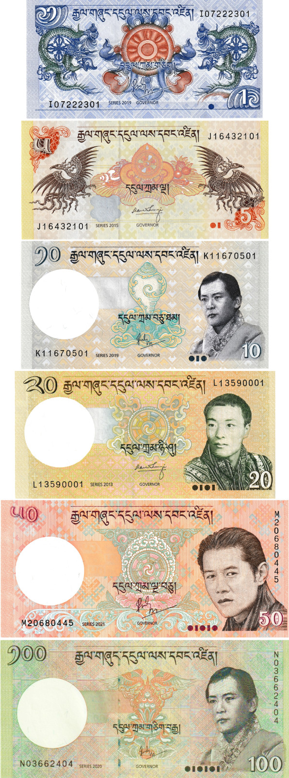Bhutan (Set #3) 1, 5, 10, 20, 50, 100  Ngultrum, Uncirculated, 6 Note Set