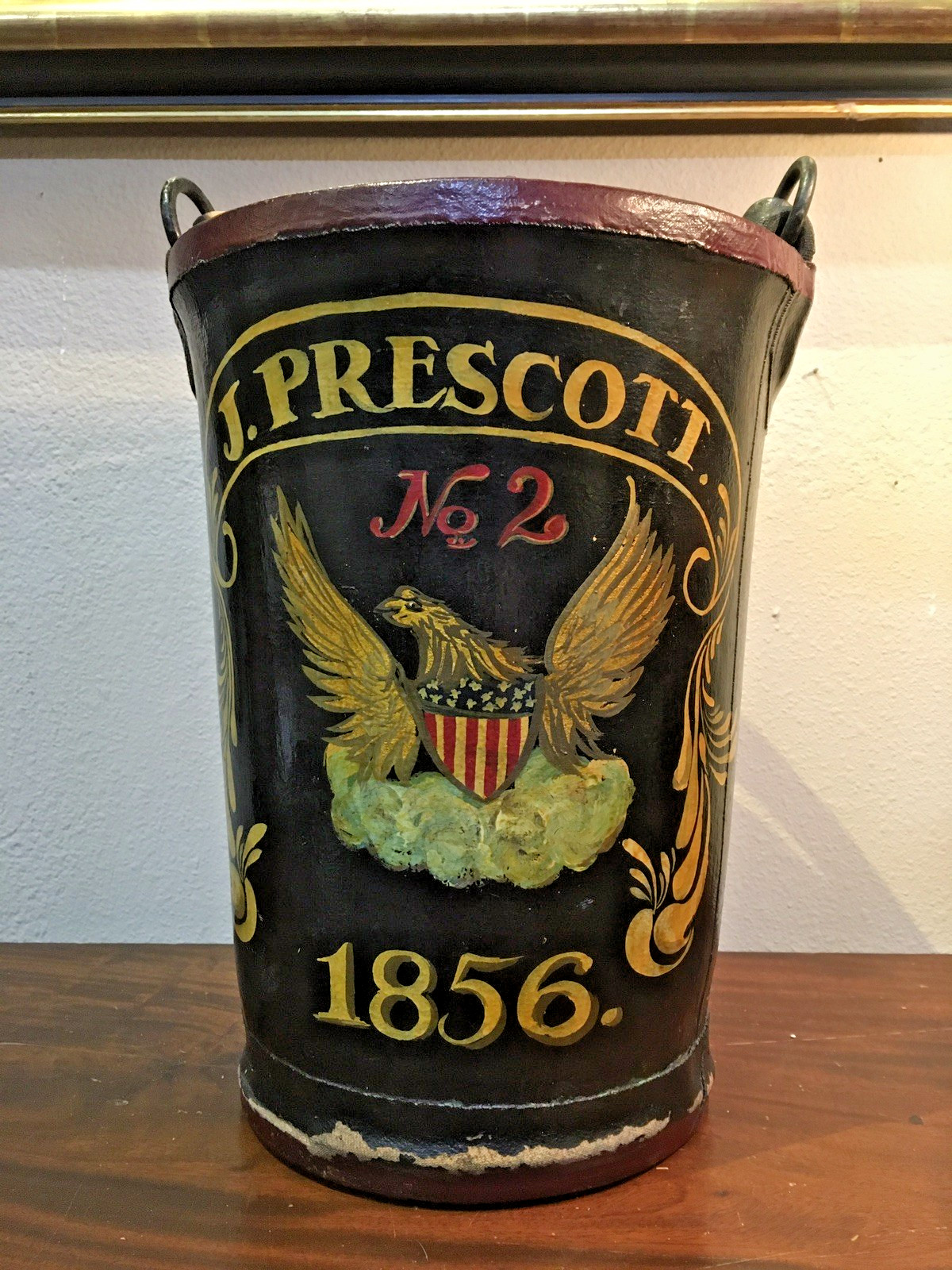 19th C. Canvas over Leather Fire Bucket 1856 J Prescott New York Hand Painted 19th C. Canvas over Leather Fire Bucket 1856 J Prescott New York Hand Painted
