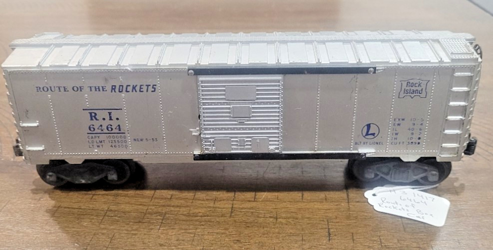 Lionel RI 6464 Rock Island Box Car Blue Writing Grey Color APROX 10 INCHES LONG