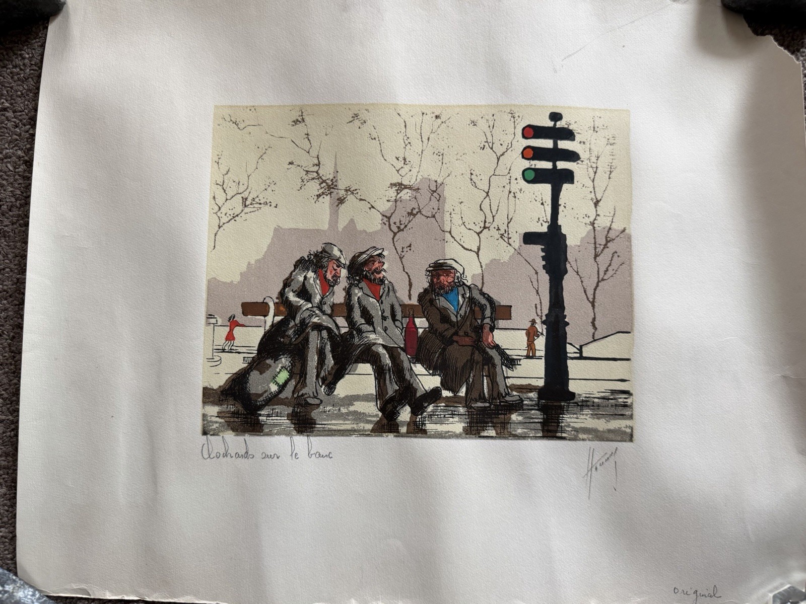 Signed French Lithograph 1985 “Clochards sur le banc” Colored Paris Street Art