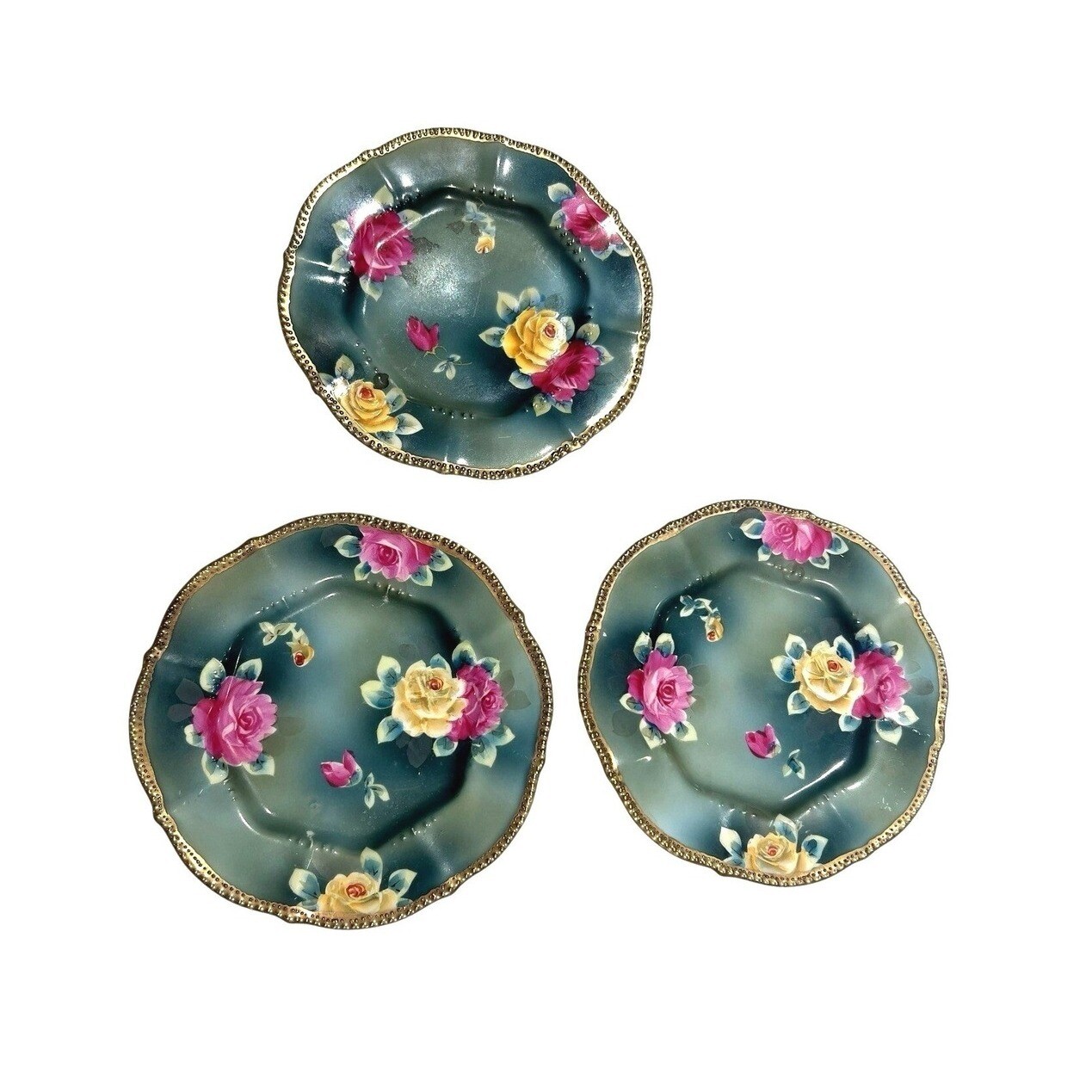 Antique Nippon Plates Set of 3 Hand Painted Roses Green 6.25 Inch Floral Japan