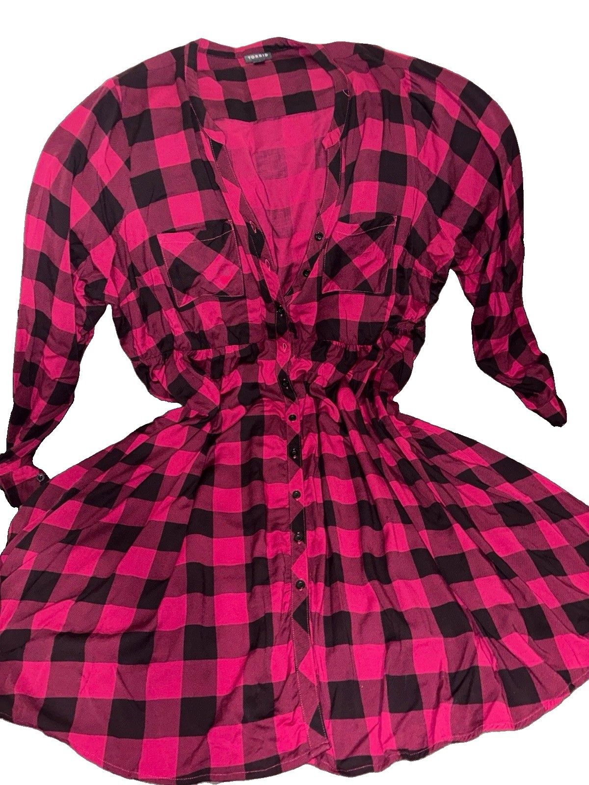 Torrid Pink Black Plaid Shirt Dress Button Front Long Sleeve Pockets 2XL