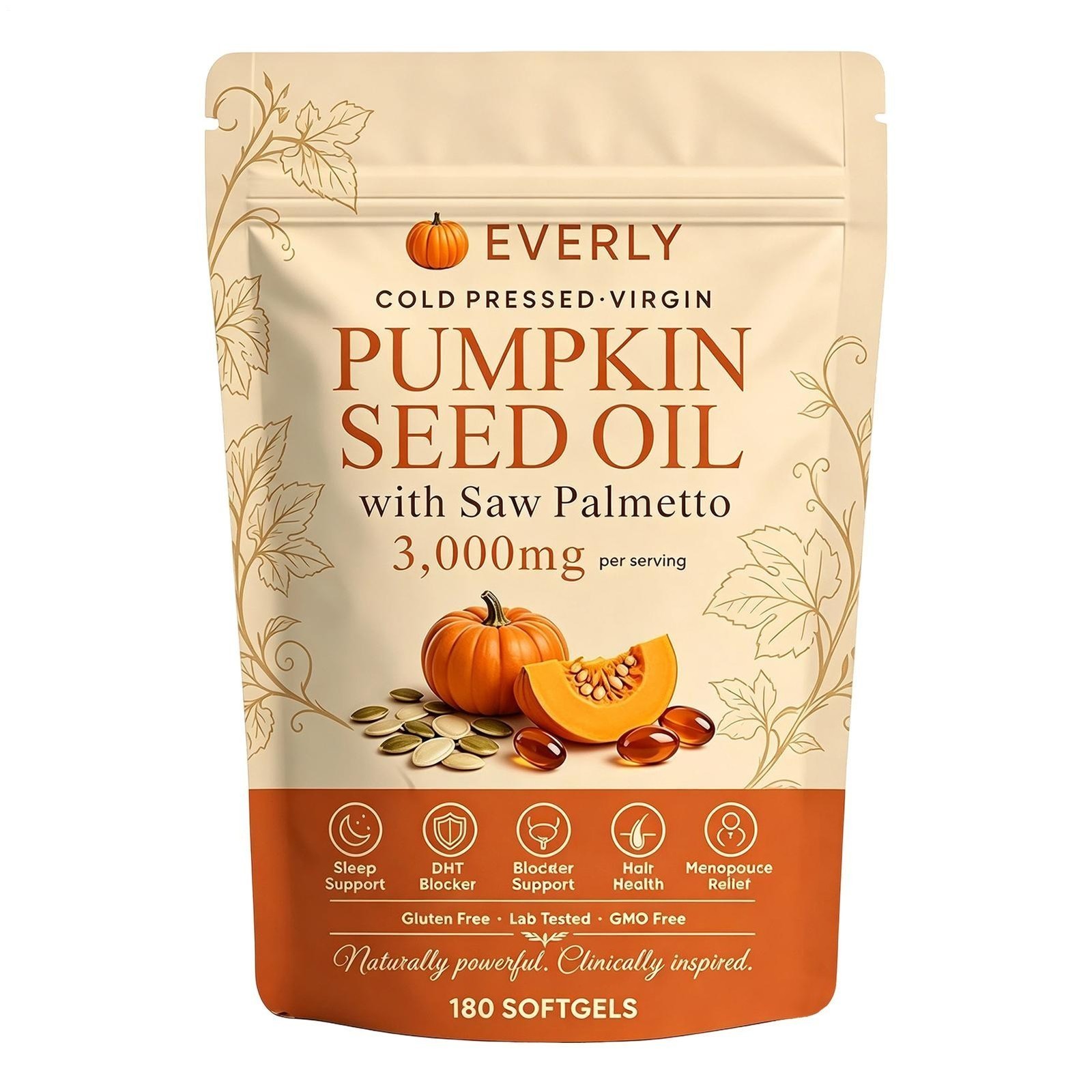 Everly Pumpkin Seed Oil with Saw Palme tto, 180 Softgels, Cold Pressed Pumpkin,